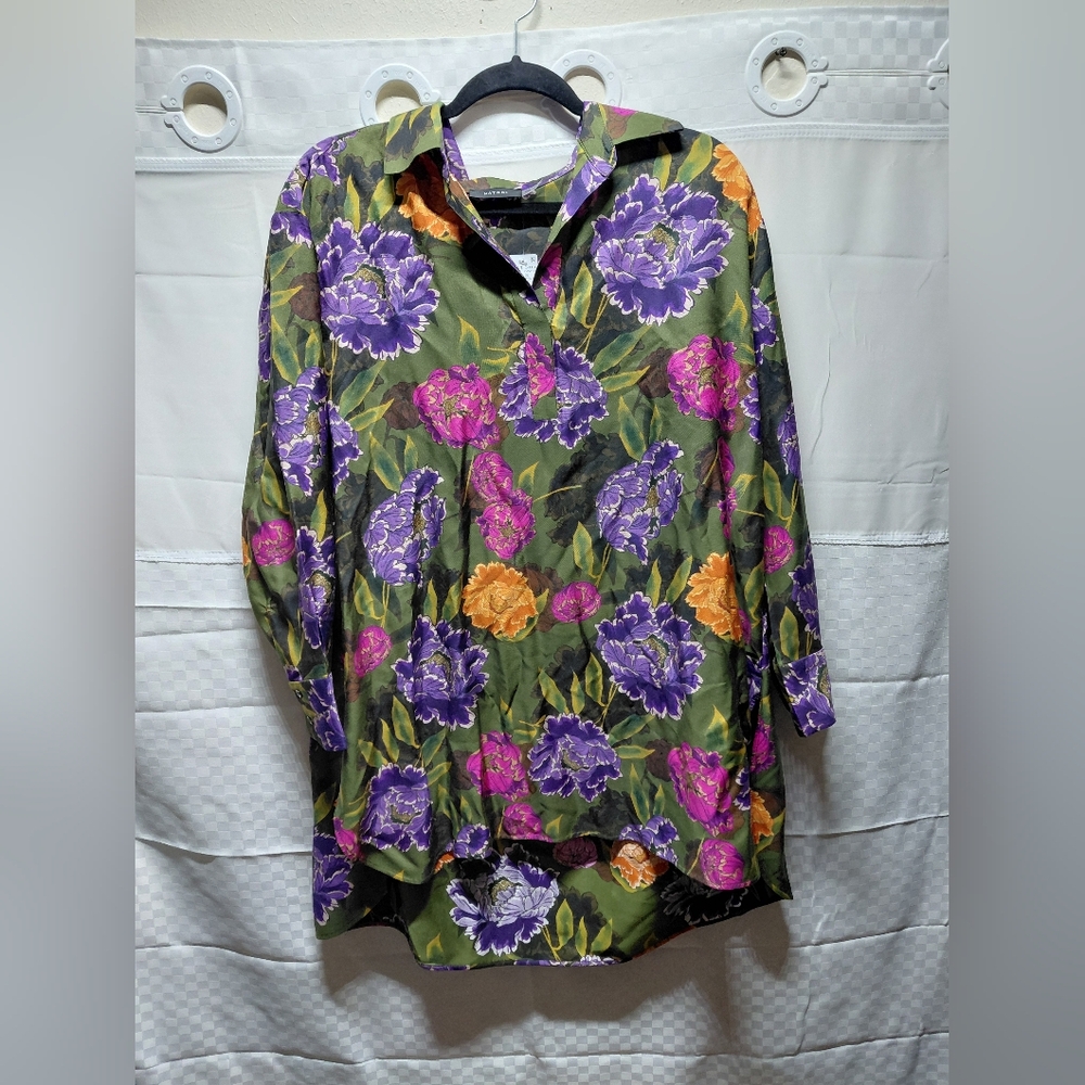 Natori Green and Purple Floral Blouse